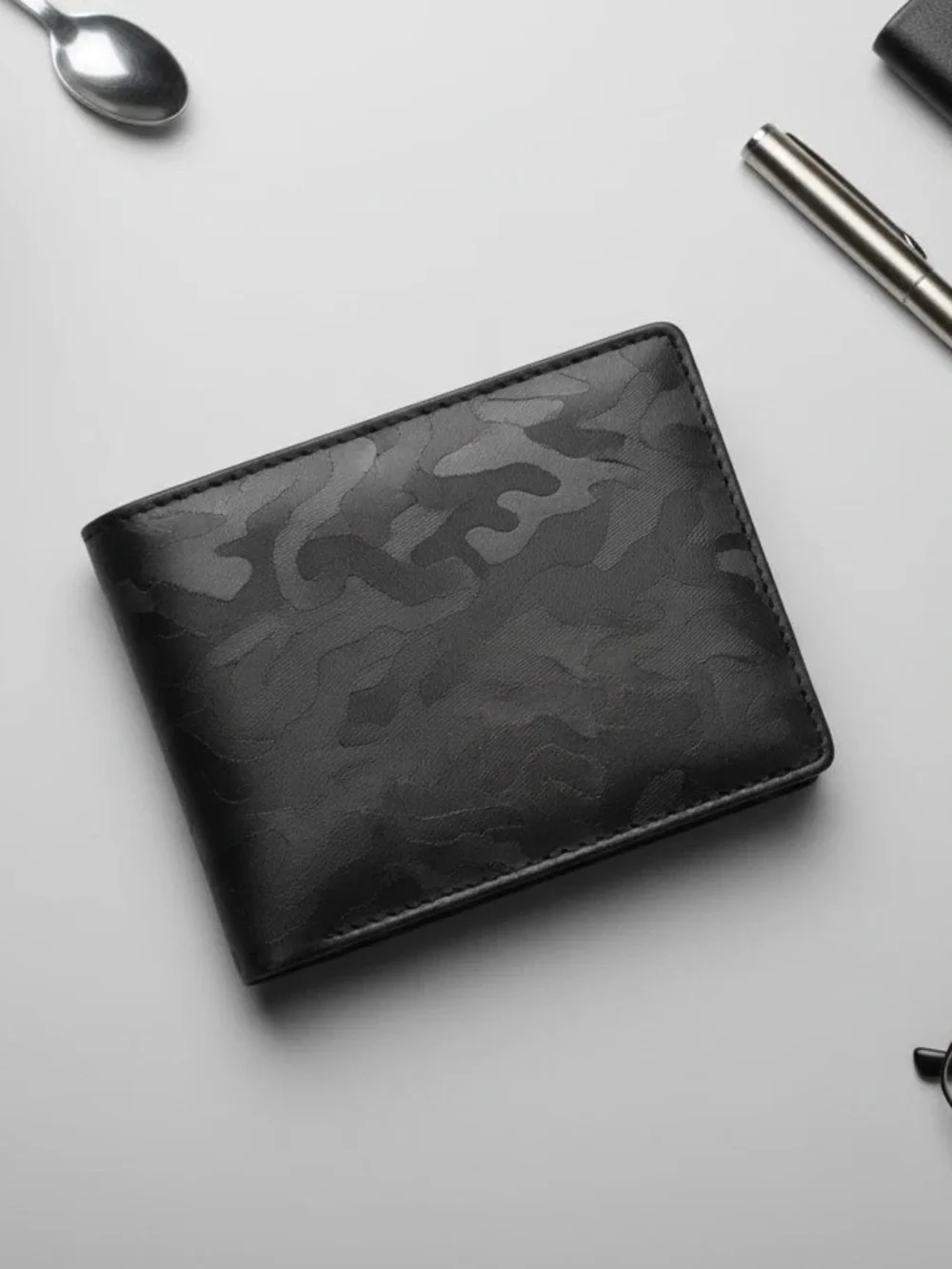 Furbo Design Black Italian Design Camouflage Microfiber Leather Bi-Fold Wallet